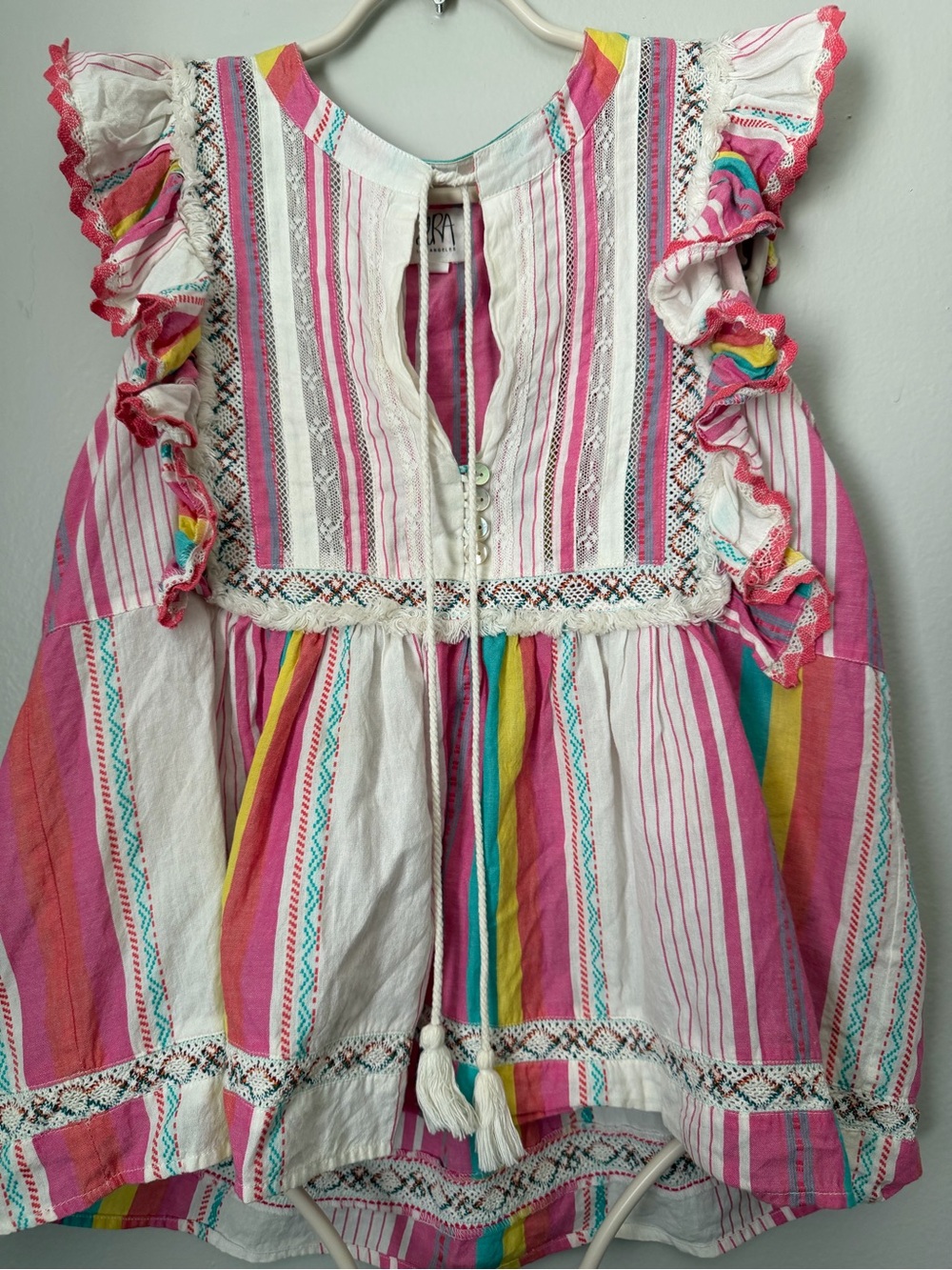Woman’s Striped Ruffle cotton vacation boho cottagecore Top - Pink Multicolor